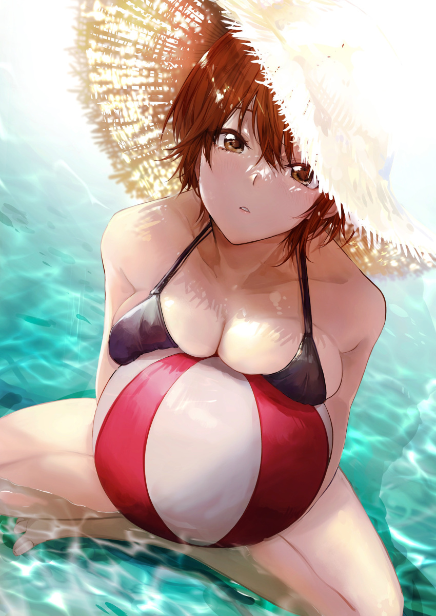 absurdres akito_(d30n26) ball bangs bare_shoulders barefoot beachball bikini black_bikini blush breast_press breasts brown_eyes cleavage collarbone eyebrows_visible_through_hair female from_above hair_between_eyes halterneck hat highres large_breasts looking_at_viewer nagi_(akito) orange_hair original outdoors parted_lips pink_lips short_hair sitting solo straw_hat sun_hat swimsuit water wet