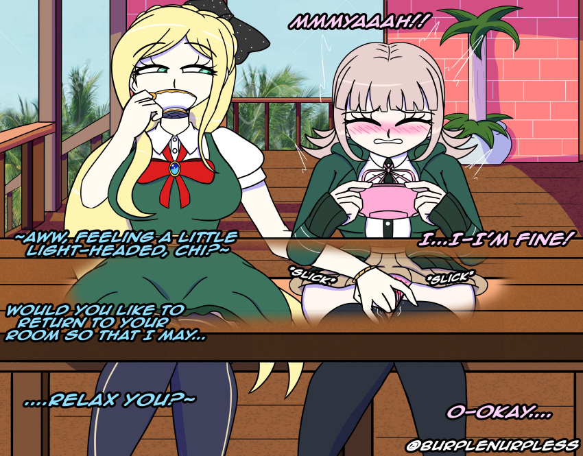 2girls blonde_hair blue_eyes burplenurpless cum cumming danganronpa danganronpa_2:_goodbye_despair dialogue drinking_tea embarrassed english_text female fingering fingering_partner fingering_pussy fingering_under_table long_hair multiple_girls nanami_chiaki panties panties_aside pink_eyes pink_hair short_hair sonia_nevermind speech_bubble stealth_sex straight_hair tea_cup text underwear yuri