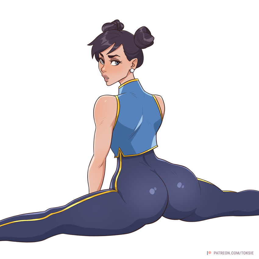 1girls ass ass_focus big_ass big_earrings blue_clothing blue_eyes brown_hair buns capcom chun-li clothed clothed_female double_bun earrings female female_only hair_buns hairbun inviting legs_apart legs_spread looking_at_viewer looking_back plain_background short_hair sleeveless solo solo_female splits spread_legs street_fighter tight_clothing tight_fit tight_pants toksie white_background