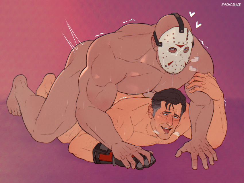 2boys ahe_gao anal anal_penetration anal_sex artist_name ash_williams bald bara blush breath bruce_campbell completely_nude_male crossover dark-skinned_male dark_skin evil_dead friday_the_13th full_body gay gay_sex goalie_mask highres human implied_anal jason_voorhees large_pectorals lying_on_person lying_on_stomach machojuice male male_only manly mask mature_male muscles muscular_male no_visible_genitalia nude nude_male old old_man on_stomach pectoral_press pectorals prone_bone sex short_hair sideburns speed_bump_position sweat thick_thighs thighs tongue tongue_out topless_male wrinkled_skin