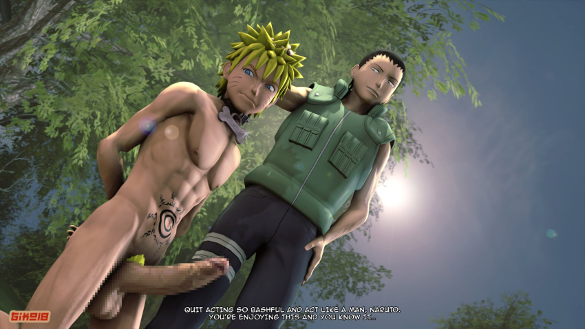 2boys 3d arms_behind_back balls big_penis black_eyes black_hair blonde_hair blue_eyes clothed clothing collar dialogue dog_collar english_text erection fully_clothed gay giko18 hand_on_head jacket kneeling large_penis maledom malesub naked nara_shikamaru naruto naruto_(classic) naruto_(series) naruto_shippuden nipples nude nude_male on_knees penis petplay pubes pubic_hair testicles text twink uzumaki_naruto uzumaki_naruto whisker_markings whiskers yaoi yellow_hair