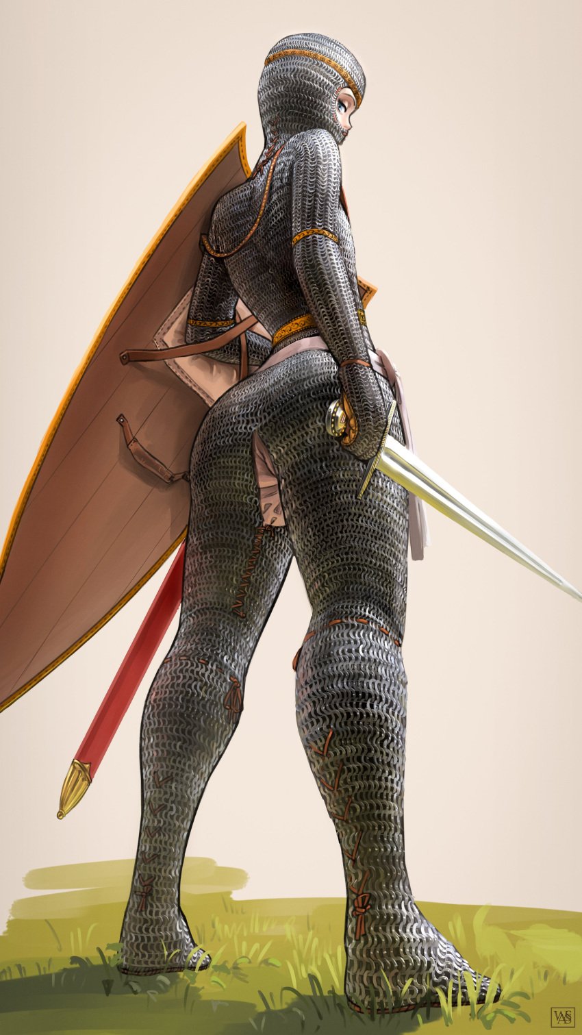 1girls absurdres armor ass belt blue_eyes chainmail chausses female full_armor full_body grass highres holding holding_shield holding_sword holding_weapon kite_shield knight light-skinned_female light_skin looking_at_viewer looking_back looking_over_shoulder medieval medieval_armour original scabbard sheath shield solo standing sword wassnonnam weapon