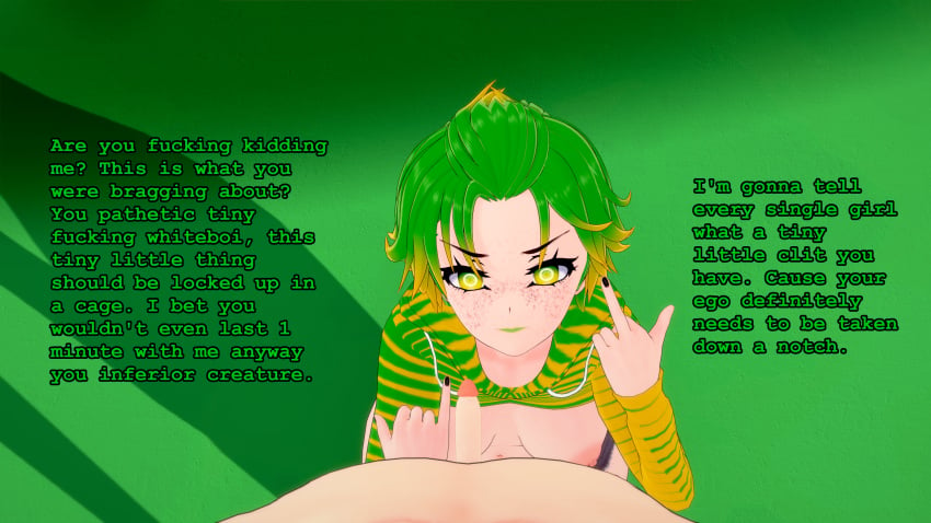 1boy 1girls 3d chastity chastity_cage cuckold darthrevan disappointed english_text faceless_male female female_domination femdom green_hair humiliation koikatsu looking_at_viewer male male_pov middle_finger nude penis pinky_out pov raceplay small_penis small_penis_humiliation text uncensored