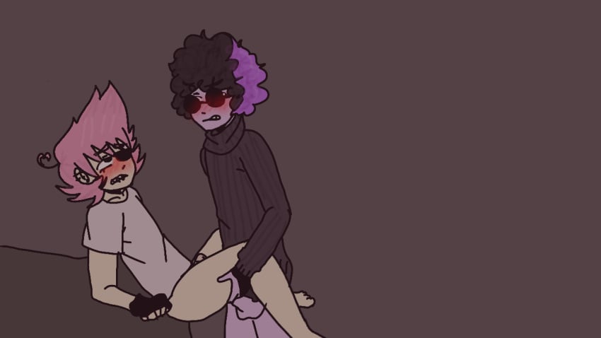 2boys alucard_(newgrounds) biting_own_lip black_hair blush bottomless cyclops_(newgrounds) earrings eyepatch gay glasses male_only pico's_school pink_hair purple_hair purple_skin table white_shirt yaoi