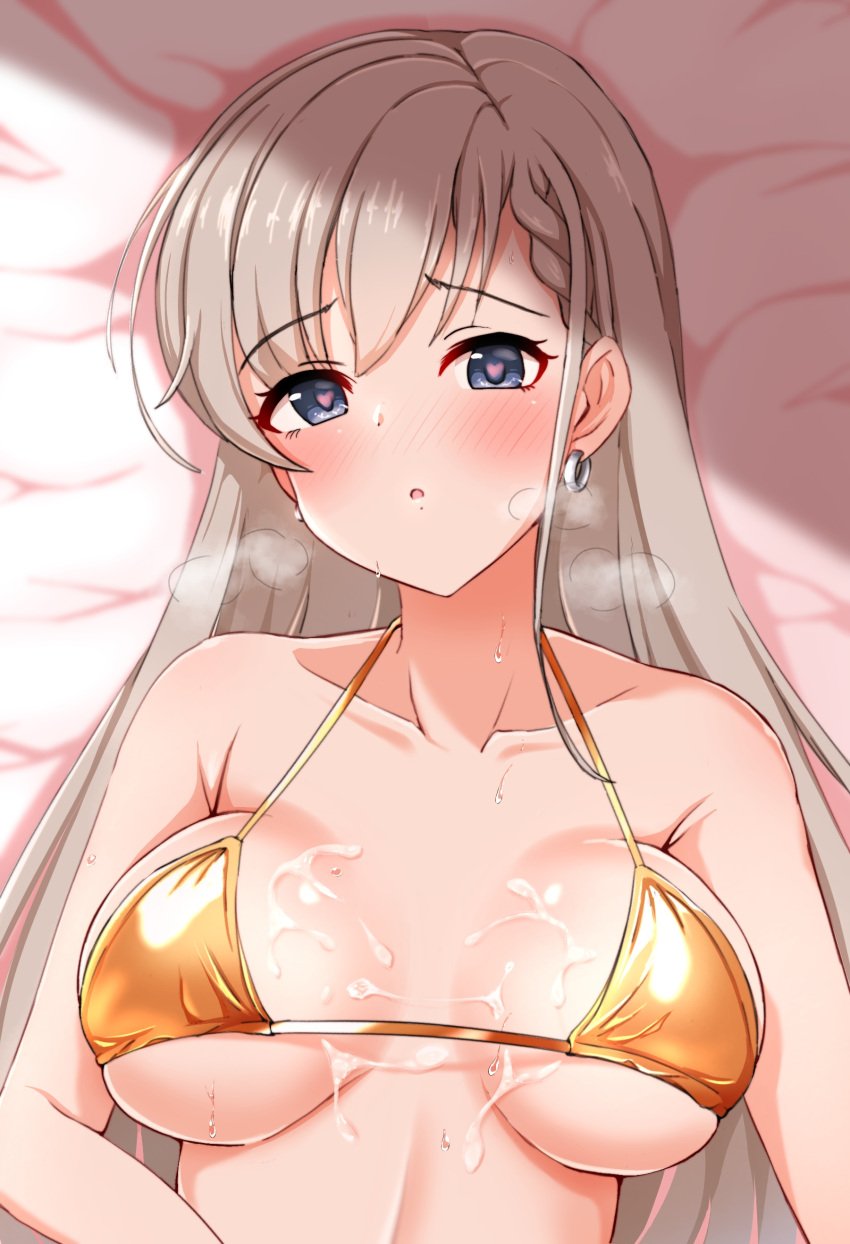 :o absurdres after_paizuri bangs bare_shoulders bed_sheet bikini blonde_hair blue_eyes blush breasts breasts_apart collarbone earrings eyebrows_visible_through_hair heart heart-shaped_pupils heavy_breathing highres hisakawa_hayate idolmaster idolmaster_cinderella_girls jewelry long_hair looking_at_viewer lying on_back on_bed orange_bikini parted_lips raindrop746079 shiny shiny_clothes straight straight_hair sweat swimsuit symbol-shaped_pupils upper_body very_long_hair