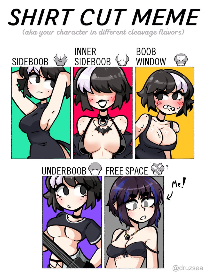 armpits artist_self-insert bare_shoulders big_breasts black_lipstick blush boob_window bra breasts cleavage dress freckles goth inner_sideboob jennlumm lumina_(jennlumm) shirt_cut_meme sideboob underboob