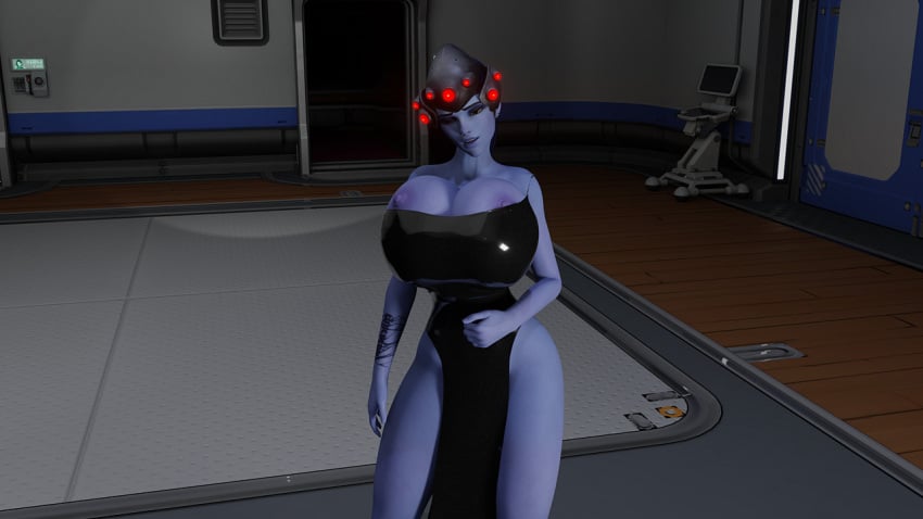 3d alternate_breast_size blender blue_skin dress eyewear_on_head huge_breasts latex nipple_slip overwatch tight_clothing widowmaker zccblp