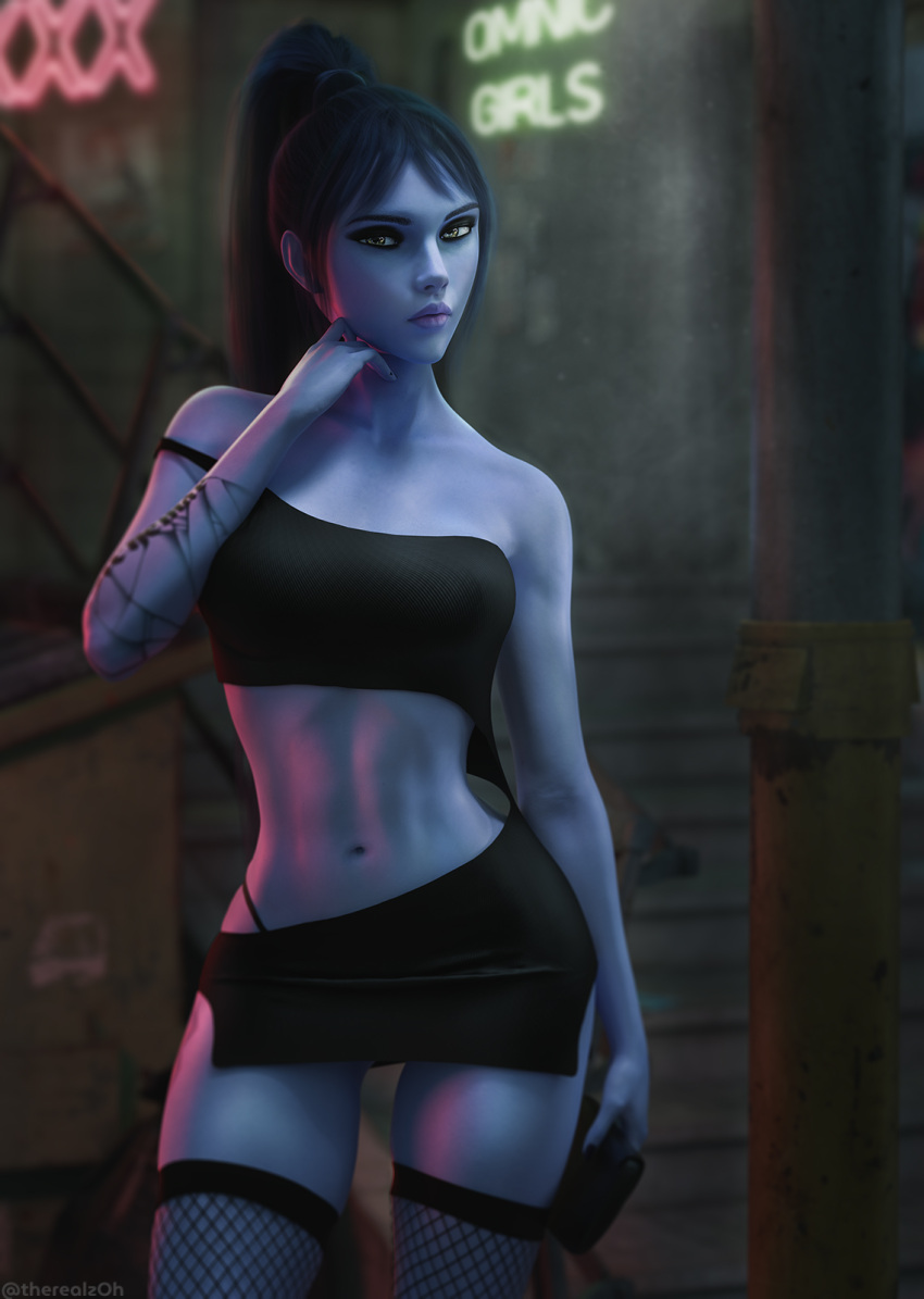 1girls 3d amelie_lacroix artist_name black_clothing blue_hair blue_skin clothed crop_top female female_only fishnet_stockings fishnets looking_at_viewer miniskirt navel off_shoulder one_shoulder_top overwatch ponytail revealing_clothes skimpy skimpy_clothes skirt solo stockings therealzoh thick_lips tied_hair widowmaker zoh