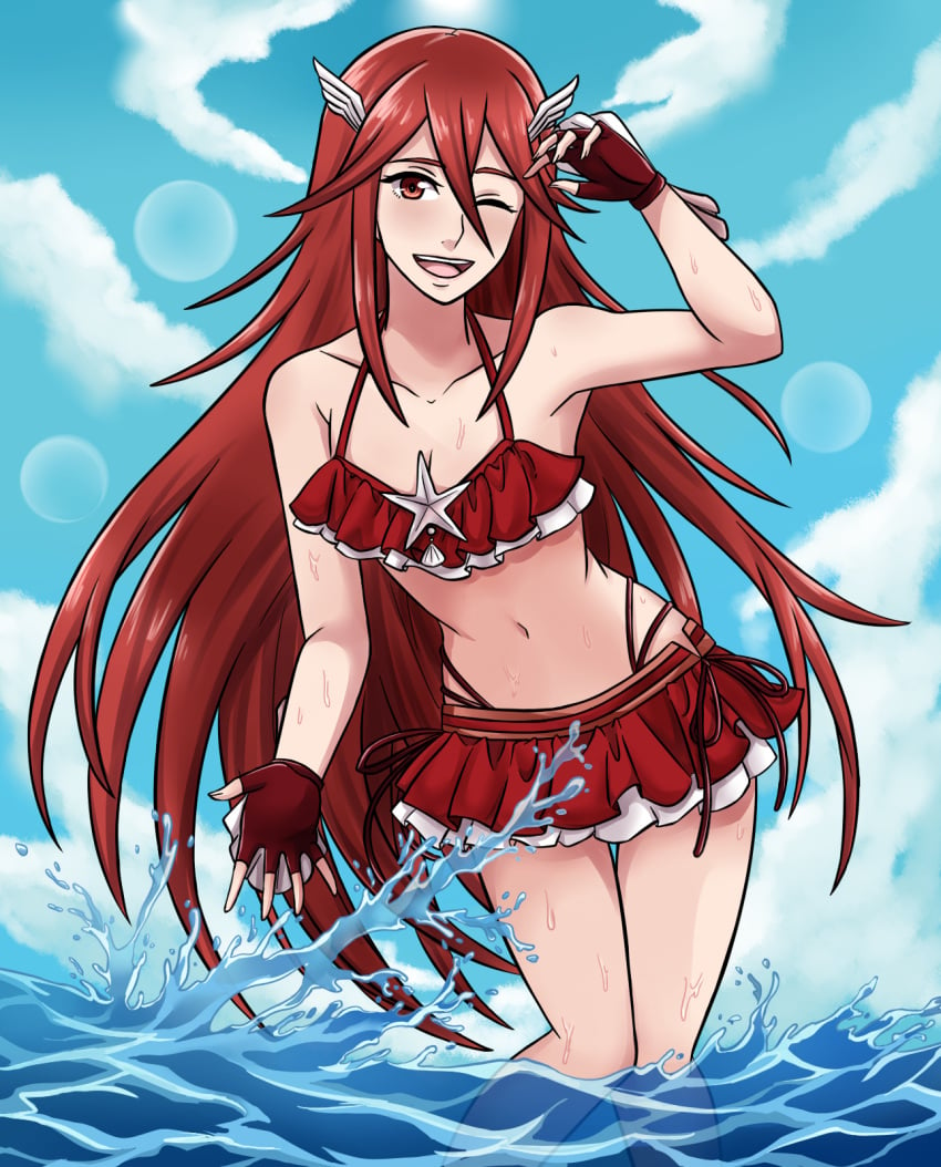 1girls ;d alisa_(vallurite) alternate_costume bare_legs bikini bikini_skirt collarbone cordelia_(fire_emblem) cordelia_(summer)_(fire_emblem) fingerless_gloves fire_emblem fire_emblem_awakening fire_emblem_heroes gloves hair_between_eyes long_hair long_red_hair looking_at_viewer nintendo one_eye_closed open_mouth open_smile red_bikini red_eyes red_hair red_swimsuit sky small_breasts smile solo solo_female splashing sweat swimsuit very_long_hair wet winking