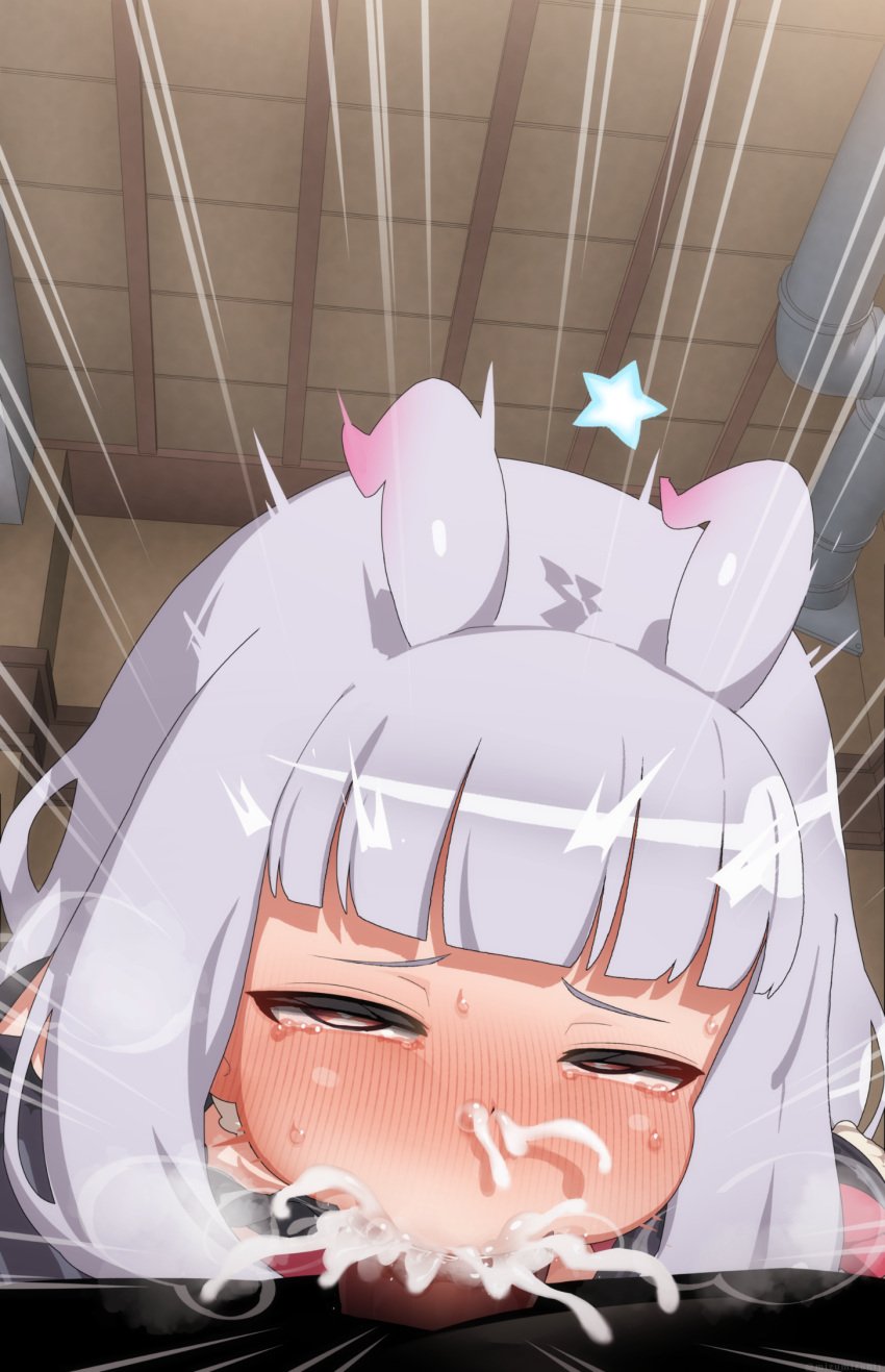 1boy bangs blunt_bangs blush bow cum cum_bubble cum_in_mouth cum_in_nose deepthroat fellatio female full-face_blush grey_hair highres horns long_hair mizumizuni oral penis red_bow red_eyes rolling_eyes sekai_seifuku:_bouryaku_no_zvezda straight venera-sama