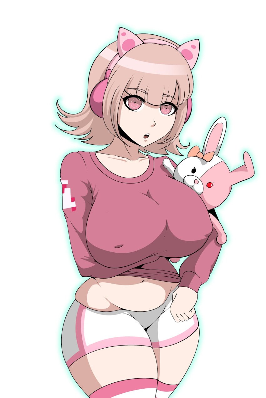 1girls alternate_breast_size big_breasts danganronpa danganronpa_2:_goodbye_despair eyelashes female female_focus female_only headphones huge_breasts large_breasts midriff monomi_(danganronpa) nanami_chiaki naver nipple_bulge partially_clothed pink_eyes shorts stockings stomach straight_hair super_danganronpa_2 thick_thighs thighhighs thighs