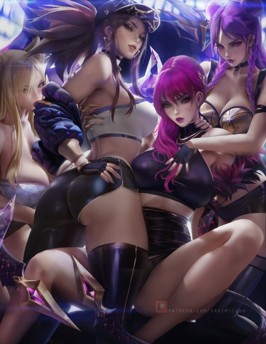 4girls ahri akali alternate_costume ass big_breasts breasts bubble_butt cleavage evelynn female female_only female_with_female highres k/da_ahri k/da_akali k/da_evelynn k/da_kai'sa k/da_series kai'sa large_ass large_breasts league_of_legends lesbian multiple_girls sakimichan strapless strapless_leotard strapless_top strapless_topwear tubetop yuri