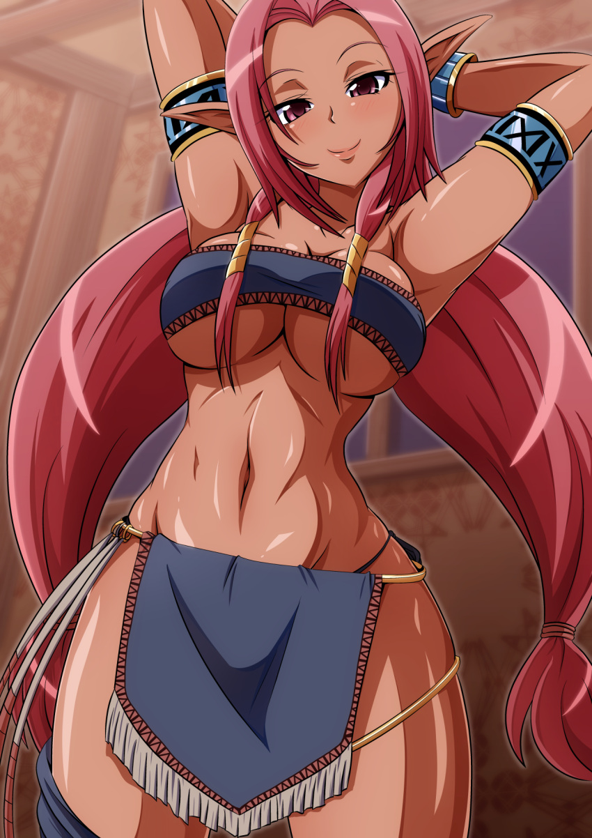 aokura_shou armlet armpits arms_behind_head arms_up bandeau blush bracelet breasts cleavage dark-skinned_female dark_elf dark_skin elf highres large_breasts loincloth long_hair looking_at_viewer navel original pelvic_curtain pink_eyes pink_hair pointy_ears red_hair revealing_clothes skimpy smile solo underboob