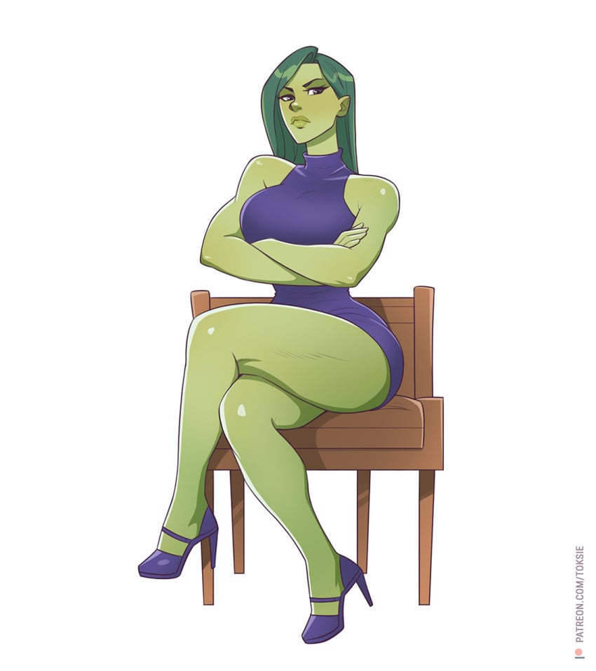 1girls big_arms big_breasts chair clothed crossed_arms crossed_legs dress female female_only frown green_hair green_skin high_heels hulk_(series) image legs looking_at_viewer marvel marvel_comics muscular muscular_female plain_background she-hulk short_dress simple_background sitting sleeveless_dress solid_color_background solo stern_expression stiletto_heels thick_thighs toksie white_background