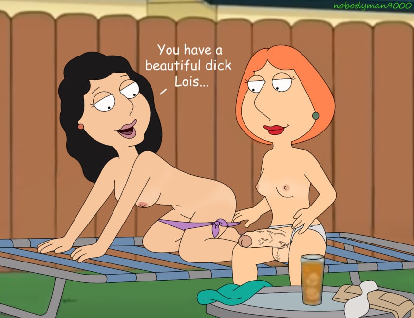 1futa 1puuuuuu 2girls accurate_art_style balls black_hair bonnie_swanson cheating cheating_wife cucked_by_futa cuckold dialogue edit family_guy futa_on_female futadom futanari light-skinned_female light-skinned_futanari lois_griffin mature_female mature_futa milf netorare nobodyman9000 ntr penis short_hair source_request swimsuit tagme testicles