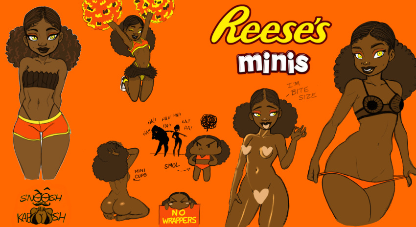 afro anthrofied anthropomorphism brown_hair brown_skin cheerleader chocolate dark-skinned_female dark_skin pleated_skirt reeses small_breasts snooshkaboosh tongue_out yellow_eyes