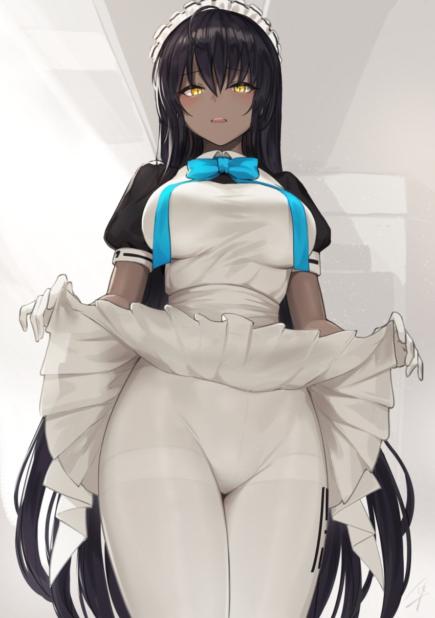 1girls 2021 ahoge apron bare_arms black_clothing black_hair blue_archive blush bow bowtie breasts cleaning_&_clearing_(blue_archive) clothed clothing dark-skinned_female dark_skin dress dress_lift embarrassed eyebrows_visible_through_hair female female_only frilled_dress frills fully_clothed gloves hair_between_eyes hat hayabusa highres indoors karin_(blue_archive) large_breasts lifted_by_self long_hair looking_at_viewer maid maid_headdress maid_uniform millennium_science_school_logo_(blue_archive) millennium_science_school_student pantyhose presenting signature solo standing thick_thighs thigh_gap thighband_pantyhose thighs uniform white_clothing white_gloves yellow_eyes