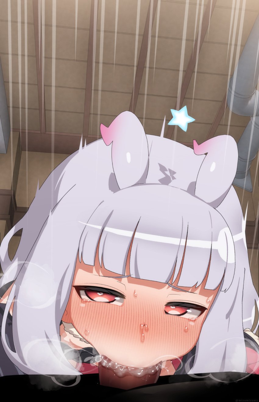 1boy bangs blunt_bangs blush bow deepthroat fellatio female full-face_blush grey_hair heart heart_in_eye highres horns long_hair looking_at_viewer mizumizuni oral penis red_bow red_eyes sekai_seifuku:_bouryaku_no_zvezda straight symbol_in_eye venera-sama