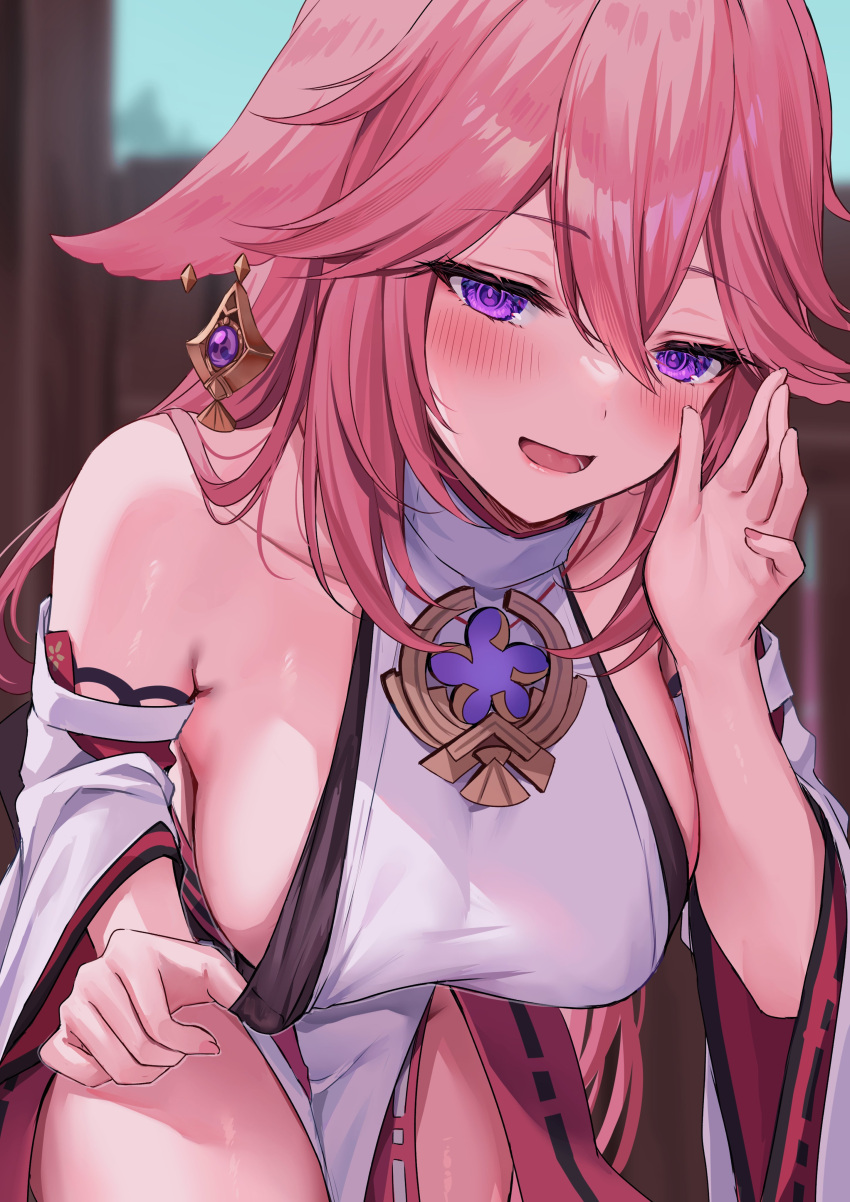 big_breasts blush blushing breasts earrings fox_ears fox_girl genshin_impact hizuki_higure hizukis_ large_breasts milf pink_hair seductive seductive_smile shoulders showing_breasts thick_thighs thighs traditional_clothes whispering yae_miko