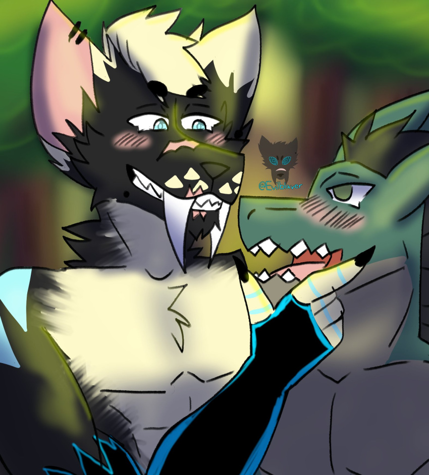 blush eyes_locked forest_background furry gabiru green_eyes green_scales hair holding_chin male_only