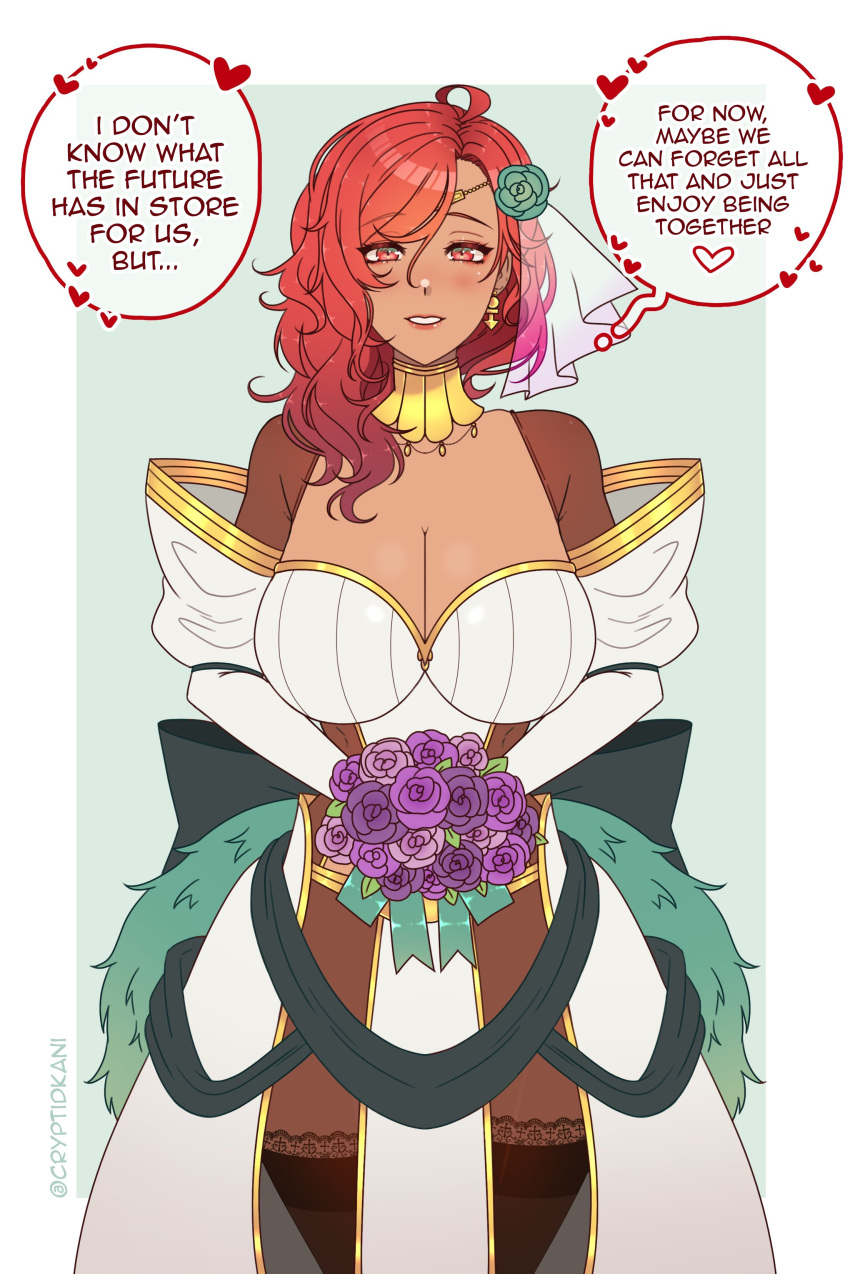 1girls alternate_costume bodystocking bouquet bridal_veil bride cleavage cryptid_crab dark-skinned_female dark_skin earrings english_text fire_emblem fire_emblem:_three_houses flower hair_over_shoulder hapi_(fire_emblem) large_breasts looking_at_viewer medium_hair nintendo red_eyes red_hair see-through smile solo solo_female text thick_thighs thighhighs veil wedding_dress wholesome wide_hips