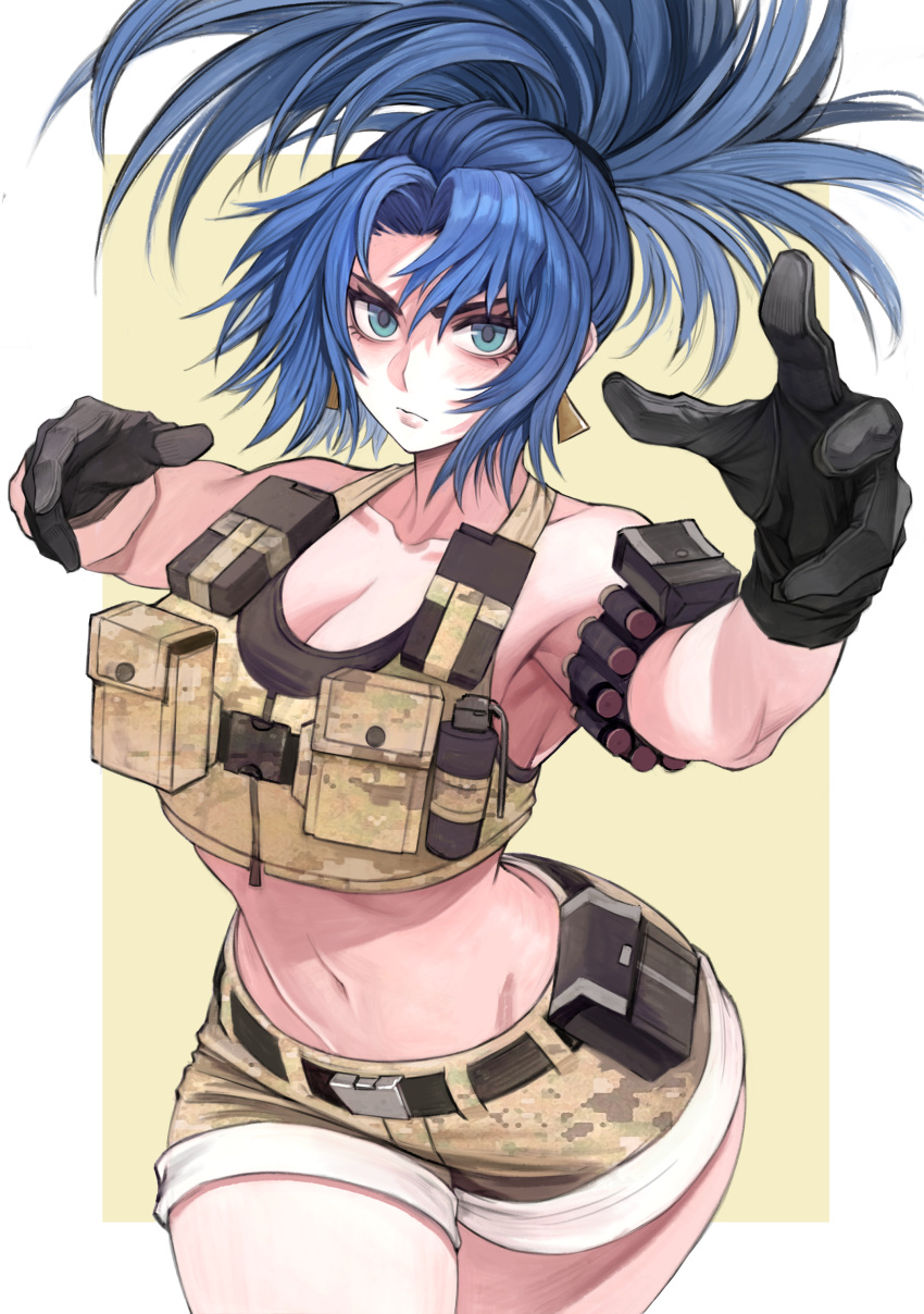 1girls 2d absurdres alternate_costume bandolier biceps big_hair black_gloves black_sports_bra blue_eyes blue_hair breasts camouflage camouflage_shorts carcass_(artist) cleavage earrings female gloves highres ikari_warriors jewelry king_of_fighters large_breasts leona_heidern load_bearing_vest looking_at_viewer midriff military navel ponytail pouch serious shorts snk soldier solo sports_bra thick_thighs thighs triangle_earrings vest weapon