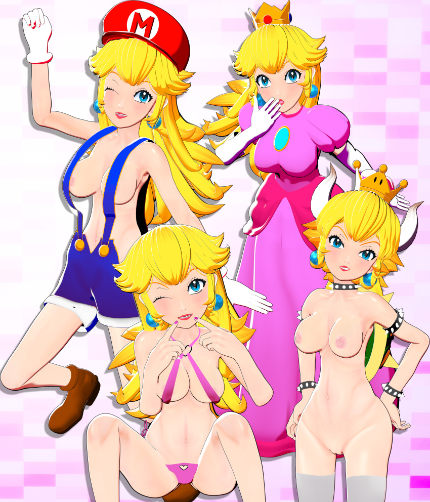 1girls 3d 3d_(artwork) 3d_model areolae banchouforte blender blonde_hair bowsette breasts cleavage crown earrings erect_nipples female female_only fully_clothed jumping large_breasts long_hair mario_(cosplay) mario_(series) naked new_super_mario_bros._u_deluxe nintendo nipples nude overalls panties princess princess_peach pussy skirt super_mario_bros. topless_overalls