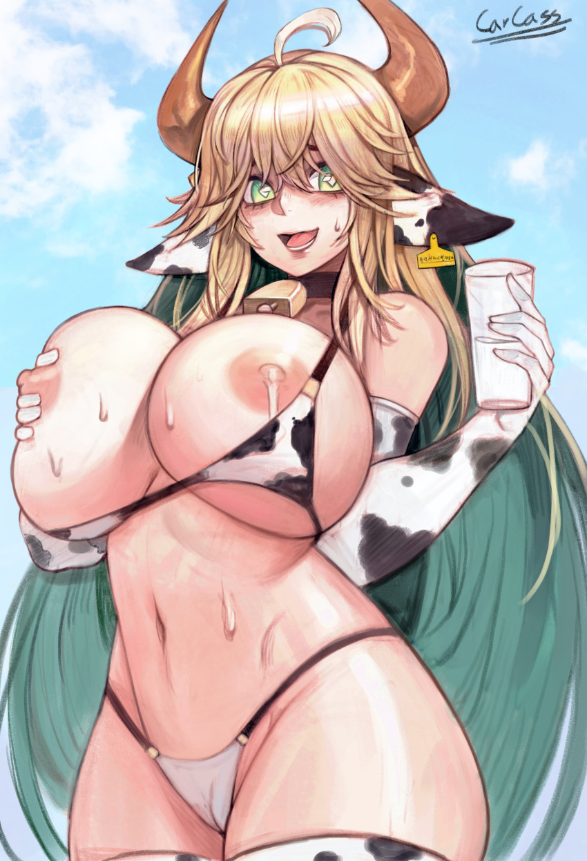 2d absurdres ahoge animal_ears animal_print artist_name bangs bell bikini blonde_hair blush breasts carcass_(artist) choker colored_inner_hair cow_ears cow_girl cow_horns cow_print cowbell cup day ear_tag elf elven_forest_maker elven_forest_maker_(cowgirl_bikini) female glass green_hair hair_between_eyes heart heart-shaped_pupils highres horns huge_breasts lactation last_origin long_hair looking_at_viewer milk multicolored_hair navel neck_bell nipple_slip nipples open_mouth outdoors pointy_ears sky smile solo swimsuit symbol-shaped_pupils thighhighs very_long_hair wide_hips