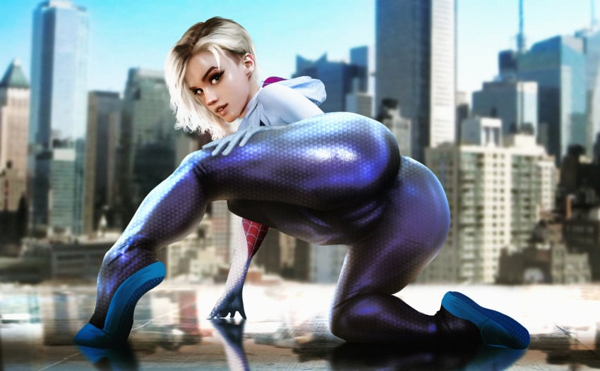 1girls ass asymmetrical_hair back_view big_ass blonde_hair cameltoe clothed detailed_background female female_only gwen_stacy hi_res looking_at_viewer marvel marvel_comics negisaray patreon realistic skin_tight solo spider-gwen spider-man:_into_the_spider-verse spider-man_(series) superheroine thick thick_ass tight_clothing vagina