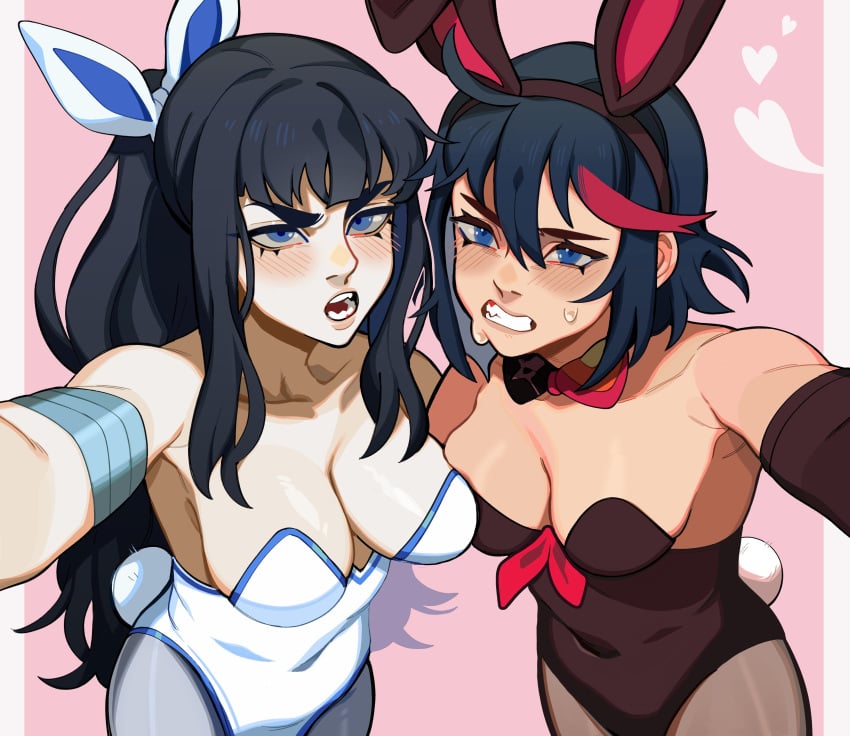 2girls black_hair blue_eyes blush bowtie breasts bunny_ears bunnysuit cleavage clenched_teeth duo gritted_teeth kill_la_kill kiryuuin_satsuki long_hair matoi_ryuuko open_mouth porqueloin short_hair two_tone_hair