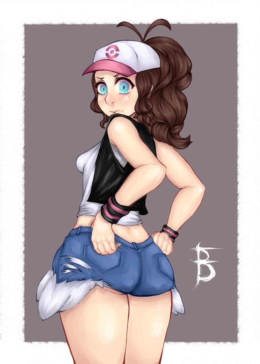 ass big_ass big_butt blue_eyes booty_shorts brown_hair female fixelboy hilda_(pokemon) pokemon pokemon_bw