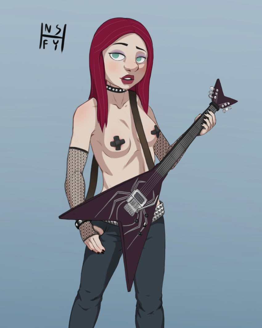 black_nails blue_eyes fishnet_armwear goth goth_girl gretchen_webb guitar nsfy_(artist) punk punk_girl red_hair spiked_collar taped_nipples topless zombillenium