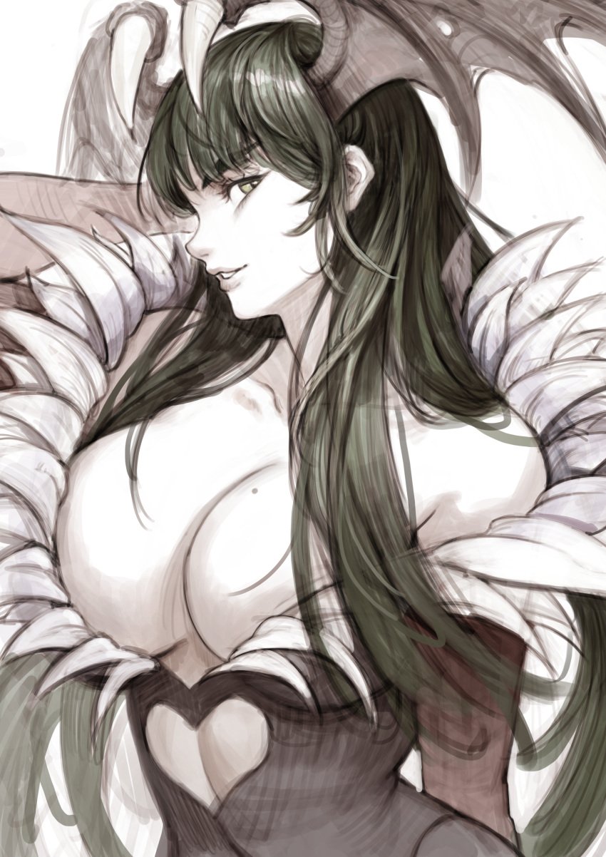 2d absurdres bangs bare_shoulders bat_wings breasts carcass_(artist) cleavage clothing_cutout collarbone darkstalkers demon_girl drawn eyebrows_visible_through_hair feather_trim female from_side green_hair hair_between_eyes hand_on_own_head heart_cutout highres horns large_breasts leotard long_hair looking_at_viewer morrigan_aensland open_mouth pantyhose simple_background solo upper_body vampire_(game) white_background wings