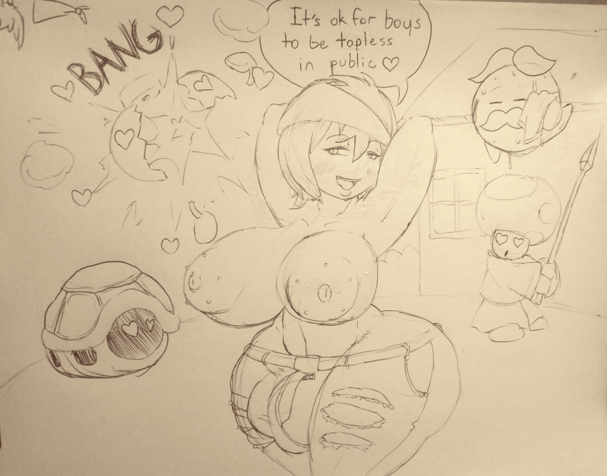 1girls big_breasts bob-omb boo_(mario) bootler drawn exposed_breasts female hyper hyper_ass hyper_breasts koopa_troopa male mario_(series) original original_character paper_mario sanka-tetsu text toad_(mario)