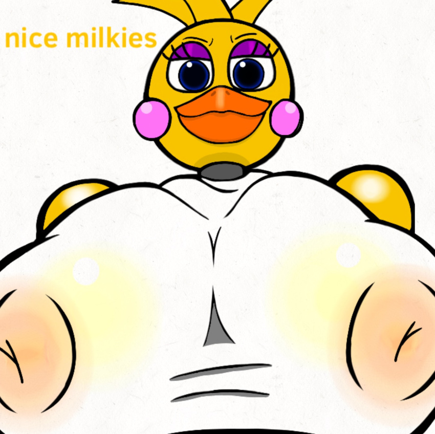 1girls anthro areolae big_breasts breasts chicken close-up english_text erect_nipples female five_nights_at_freddy's five_nights_at_freddy's_2 lidded_eyes looking_at_viewer nipples nipples_visible_through_clothing tagme thiccgumbear toy_chica_(fnaf)