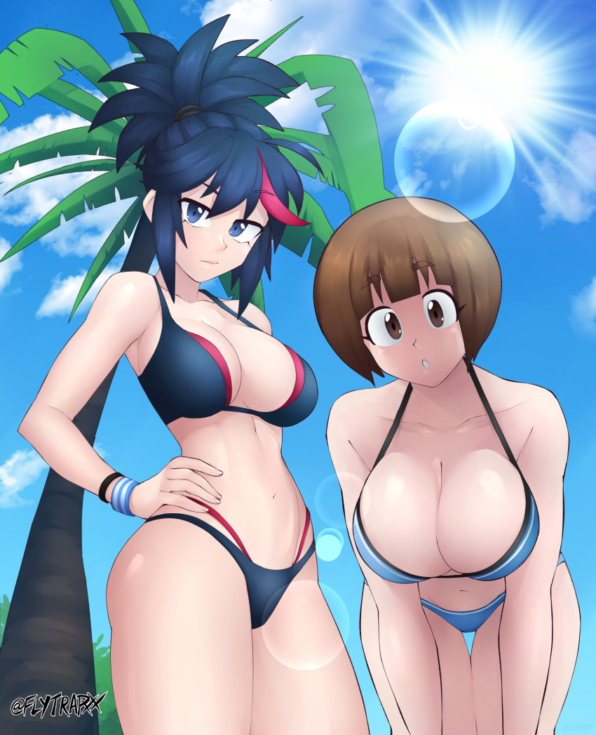 2girls :o alternate_hairstyle annoyed barely_clothed beach bent_over bikini black_hair blue_eyes bowl_cut bracelet bracelets breasts brown_eyes brown_hair cleavage clouds color cute eyebrows_visible_through_hair fat_breasts female female_only female_protagonist flat_belly flytrapxx friends hand_on_hip high_ponytail hourglass_figure kill_la_kill large_breasts leaning_forward lens_flare long_hair looking_at_viewer mankanshoku_mako matoi_ryuuko outdoors palm_tree pov presenting_breasts short_hair shorts standing streaked_hair string_bikini sun sunlight swimsuit tomboy tropical_setting two_piece_swimsuit two_tone_hair