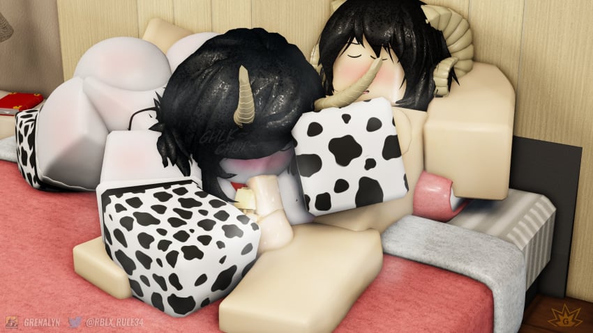 1boy 1boy1girl 1girls 3d aries_(grena) armwear artist_logo ass balls bed bedroom big_ass big_penis black_hair blowjob close-up closed_eyes clothed_female couple cow_print cow_print_armwear cow_print_bikini cow_print_thighhighs cowbell cum cum_drip cum_in_mouth duo english_text fellatio female grena hand_behind_head hand_on_ass horns lying_on_back lying_on_bed male male/female muscular_male newgrounds_username no_panties nude nude_male on_bed onomatopoeia open_mouth oral oral_sex original_character pale-skinned_male pale_skin pecs penis roblox robloxian room serena_(grena) short_hair smile text thighhighs twitter_username watermark white_skin