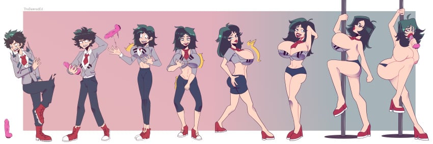 before_and_after big_breasts big_lips bimbo bimbofication female female_deku gender_transformation green_eyes green_hair heels high_heels izuku_midoriya mind_break mtf_transformation my_hero_academia rule_63 thedamneded transformation