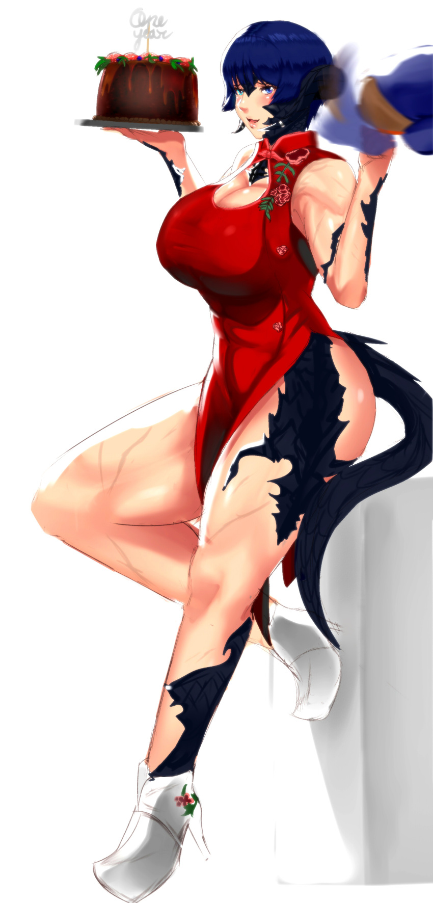 au_ra big_breasts big_hips blue_eyes blue_hair blue_hat blueberry_(not_the_fetish) cake cheongsam chocolate_cake detective_nanama embarrassed final_fantasy final_fantasy_xiv hat heels hips horns legs nanama_kha nanamaxiv scales scars strawberry tail thick_hips thick_thighs twirling_hat xaela