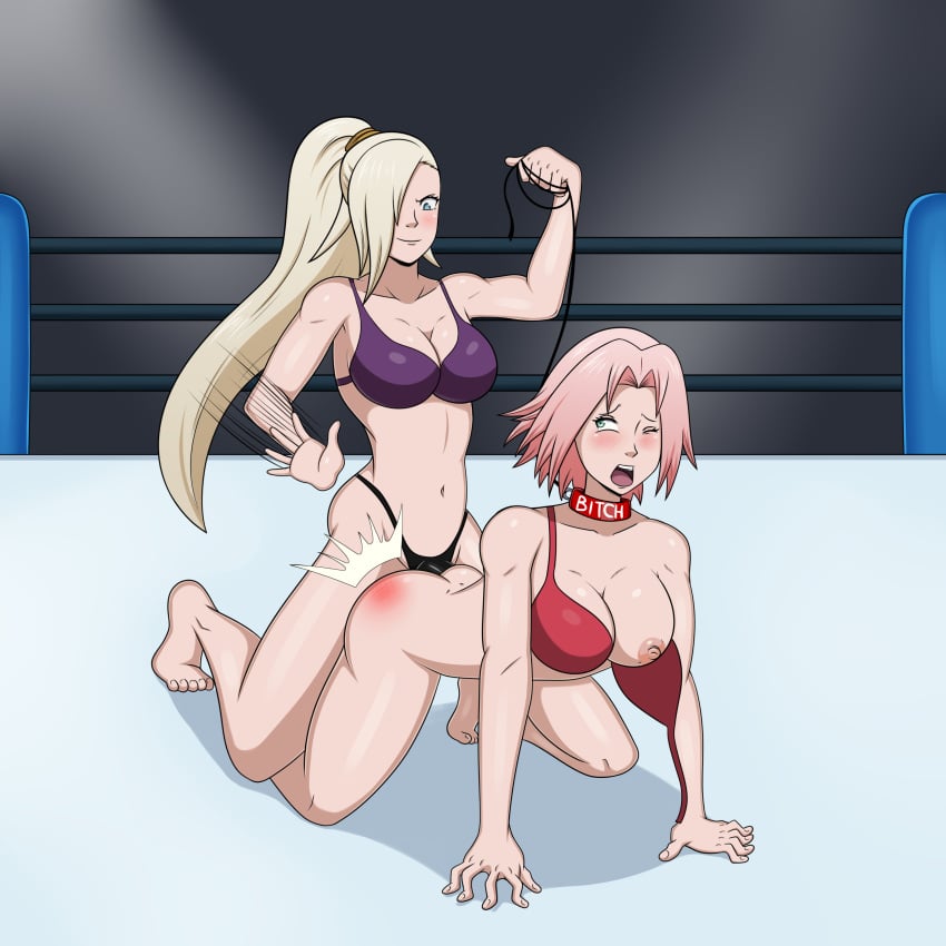 2girls aggressive all_fours ass bare_legs bare_shoulders barefoot bent_over blonde_hair blue_eyes bottomless catfight choker cuki dildo dildo_penetration doggy_style dominant dominant_female female female_only female_penetrated female_penetrating female_penetrating_female forehead_protector green_eyes hair_over_one_eye headband holding_object ino_yamanaka kunoichi leash lesbian_sex lezdom moaning motion_lines multiple_girls naruto naruto_(series) naruto_shippuden ninja one_breast_out one_eye_closed open_mouth pink_hair ponytail rivals rough rough_sex sakura_haruno sex sex_toy strap-on strap_slip submissive submissive_female taken_from_behind tied_hair untied untied_bra wrestling wrestling_ring yuri