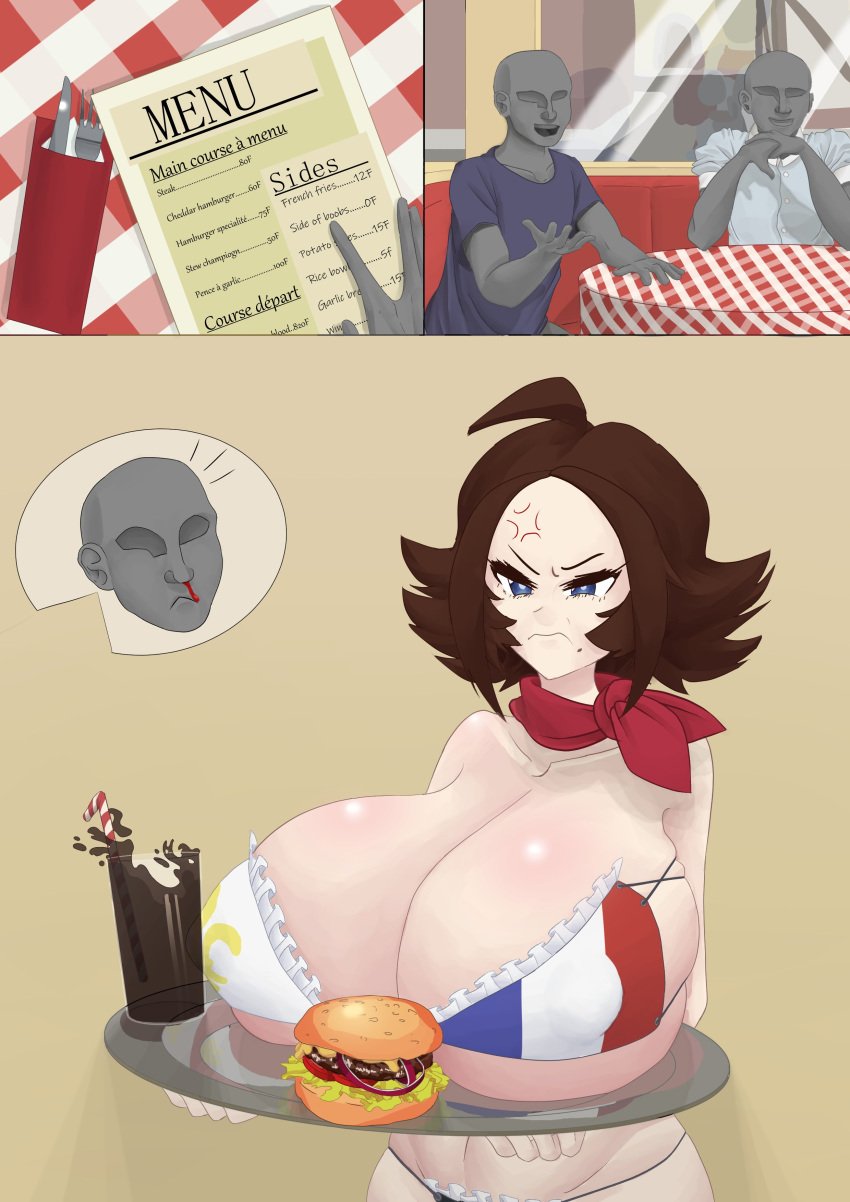 anger_vein angry annoyed anon bandana big_breasts blue_eyes bra breasts brown_hair burger coca-cola country_inc_(yuric_inc) forkstaf france_(yuric_inc) hard_nipples huge_breasts menu mole nipples nose_bleed plate platter shocked soda straw twitter utensil yuric_inc