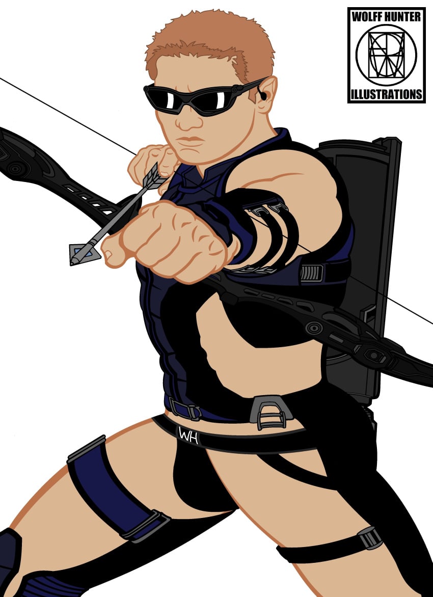 1boy archery black_underwear blonde_hair bow_and_arrow bulge clint_barton glasses hawkeye jockstrap looking_at_viewer male male_focus male_only marvel marvel_comics opaque_glasses partially_clothed quiver solo solo_focus solo_male sunglasses underwear wolffhunter_art