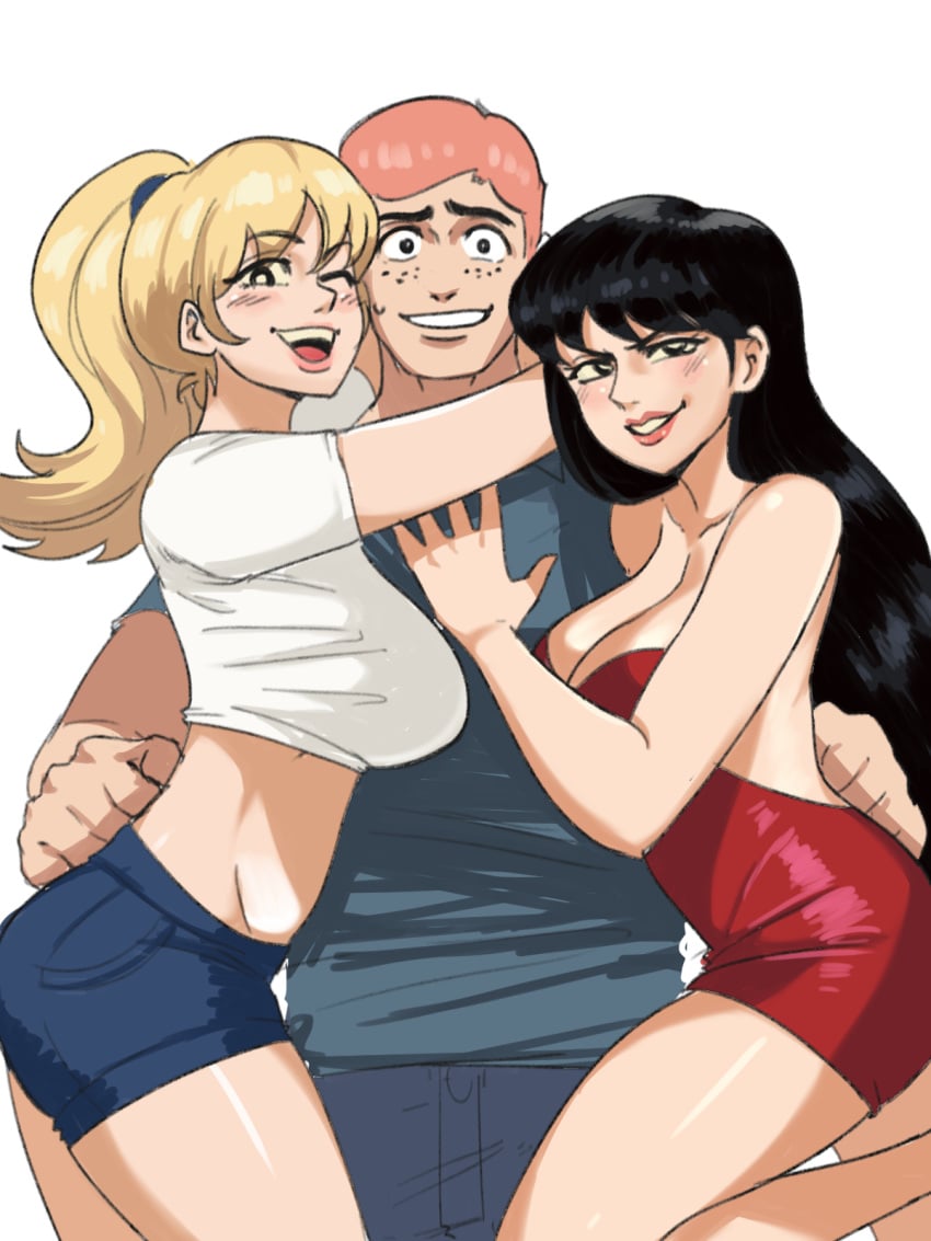 1boy 2girls archie_andrews archie_comics betty_and_veronica betty_cooper blonde_hair blush breasts female human male nervous ot3 pale_skin polyamory smug throuple tinafate1 veronica_lodge