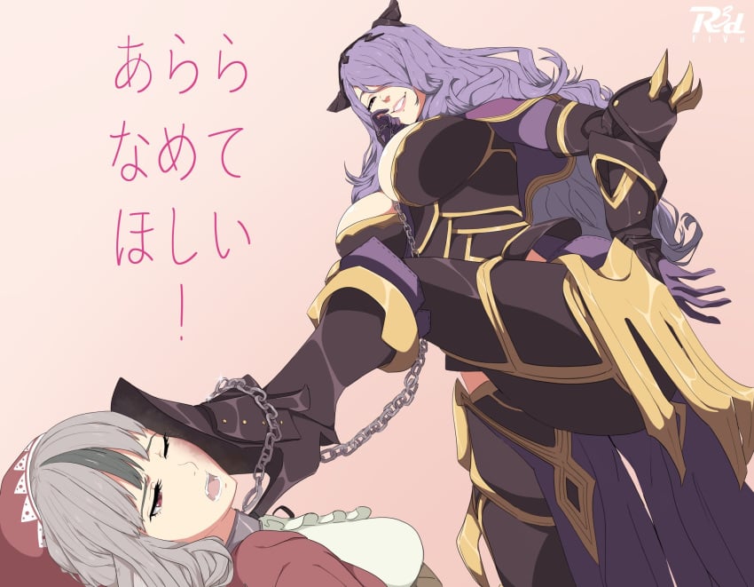 2girls abuse armor between_breasts black_armor boots breasts brown_eyes bruise camilla_(fire_emblem) chain chain_leash chains collar femdom femsub fire_emblem fire_emblem_fates foot_on_another's_face from_below gloves grey_hair grin hair_over_one_eye high_heel_boots high_heels highres hood horns japanese_text large_breasts leash long_hair looking_down mature_female multicolored_hair multiple_girls nintendo pink_background purple_eyes purple_hair r3dfive red_eyes signature smile stepped_on text velouria_(fire_emblem) very_long_hair yuri