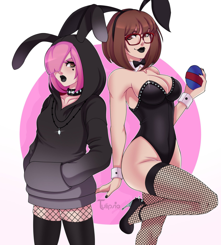 2girls black_lipstick brown_hair bunnysuit cleavage easter_egg egg female female_only fishnet_stockings fishnets full_lips goth hoodie looking_at_viewer oc original_character pink_hair short_hair smile tulipsie