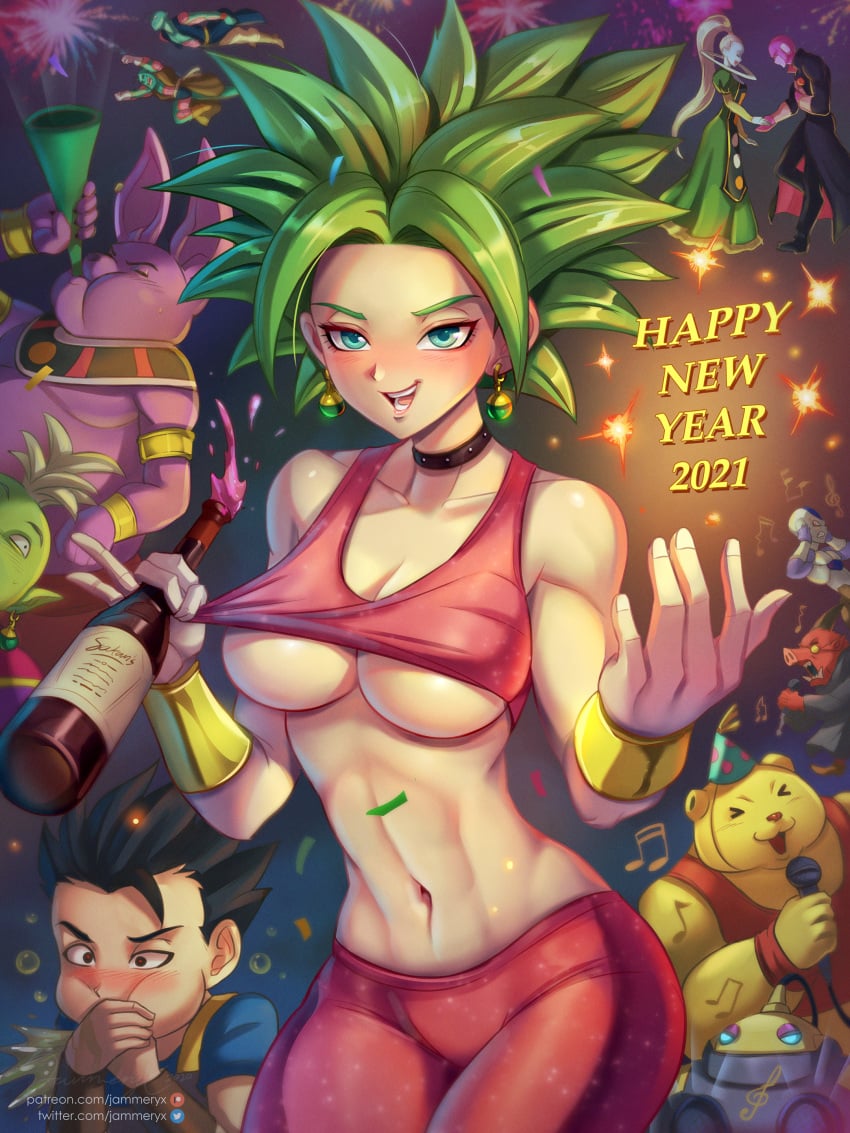 2021 auto_mageta botamo bottle breasts cabba champa dragon_ball dragon_ball_super drunk earrings frost_(dragon_ball) green_eyes green_hair happy_new_year hit_(dragon_ball) jammeryx kefla legendary_super_saiyan multiple_males namekian navel open_mouth shounen_jump super_saiyan super_saiyan_2 toned_female underboob vados