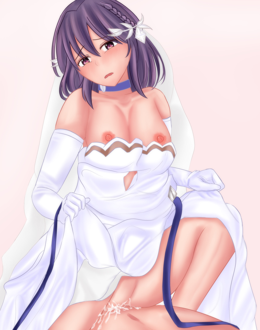 1boy 1girls areolae blue_ribbon blush blush braid breasts bridal_gauntlets bridal_gloves bridal_veil bride cum cum_in_pussy cum_in_pussy cum_inside dress_lift elbow_gloves embarrassed fault_milestone female hair_ornament looking_at_viewer nipples penis pink_eyes purple_hair ribbon ribbons ritona_reighnvhasta veil wedding_dress white_dress white_gloves