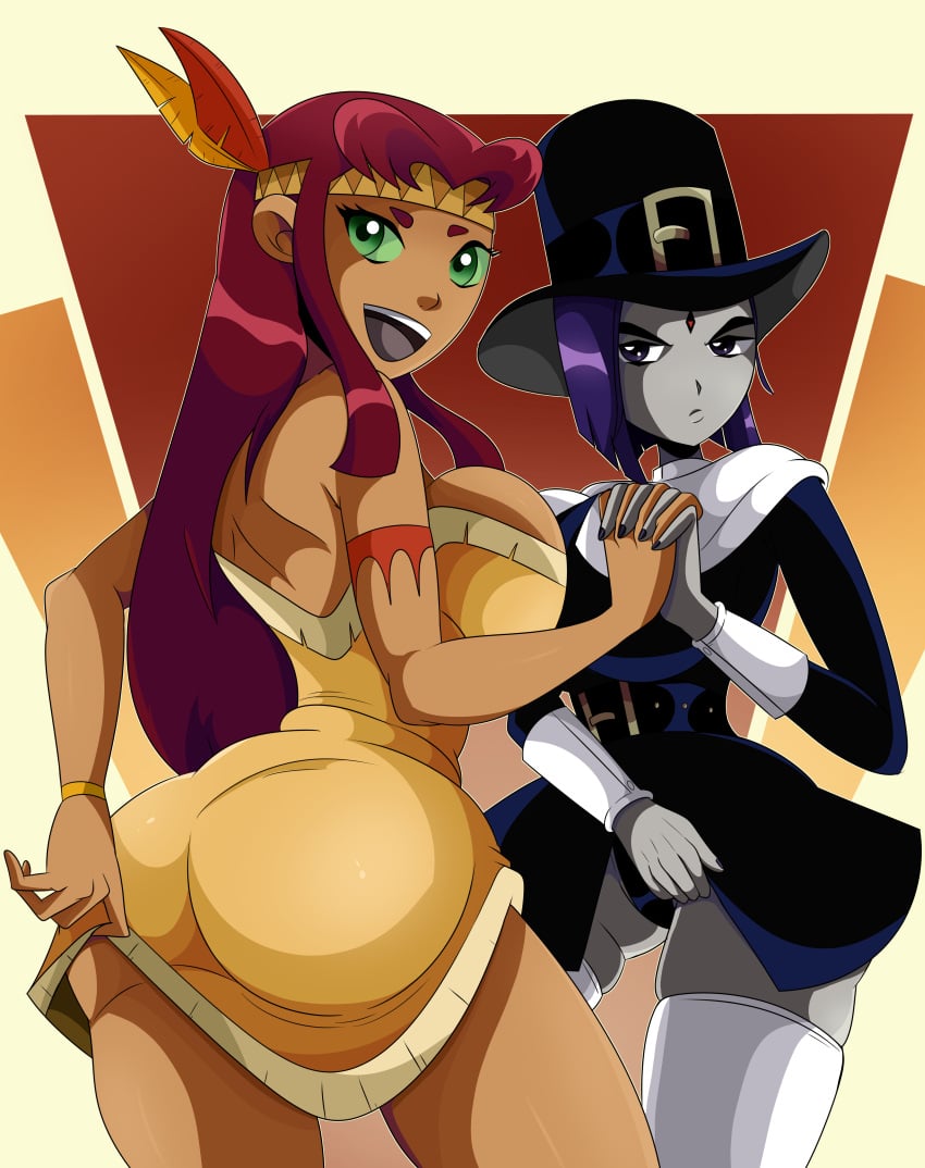 2girls big_ass big_breasts dat_ass dc dc_comics female_only hi_res highres koriand'r native_american pilgrim pilgrim_hat rachel_roth raven_(dc) smooth_skin sonson-sensei starfire teen_titans thanksgiving thin_waist wide_hips