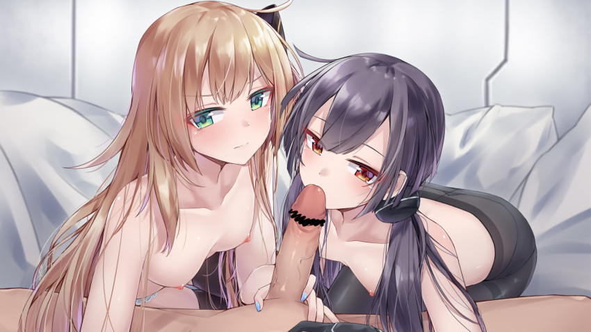 2girls ahoge amber_eyes black_hair blonde_hair blush censored fellatio female ffm_threesome gloves hair_ribbon hairband hand_on_penis hand_on_stomach kissing_penis licking licking_penis long_hair nail_polish nipples oral pantyhose petite sex shun_no_shun sky_striker_ace_raye sky_striker_ace_roze small_breasts tagme teal_eyes teenager threesome tied_hair twintails white_skin yu-gi-oh!