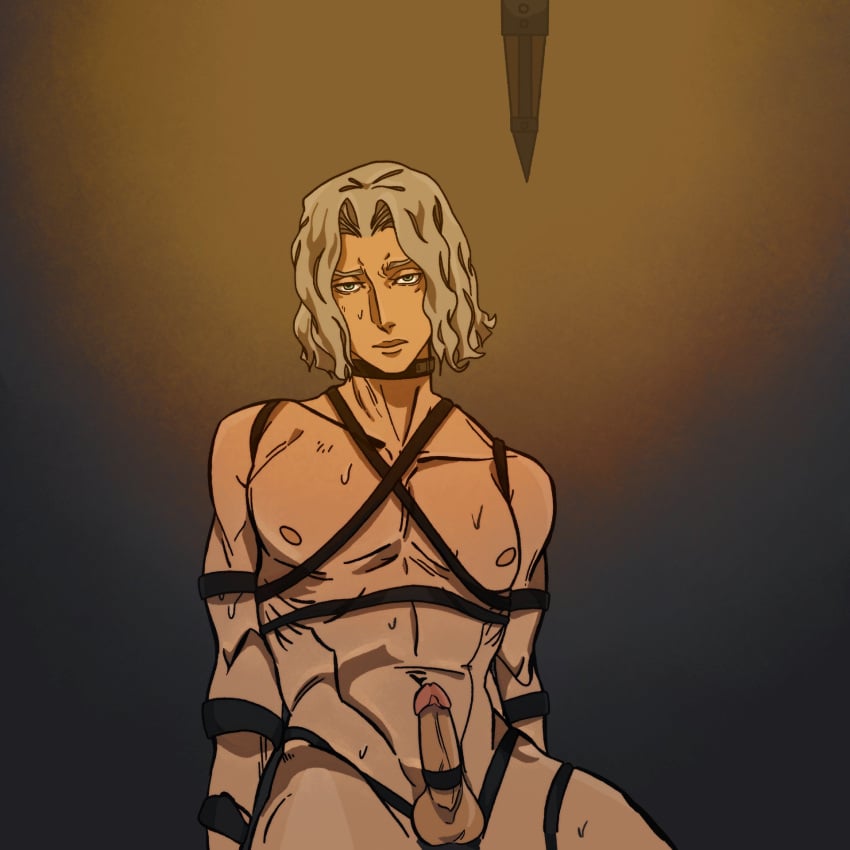 bare_chest blue_eyes bondage bound bound_penis castlevania castlevania_(netflix) collar hector_(castlevania) male male_only malesub penis restrained rithdraws rope_bondage shibari silver_hair solo_male submissive_male